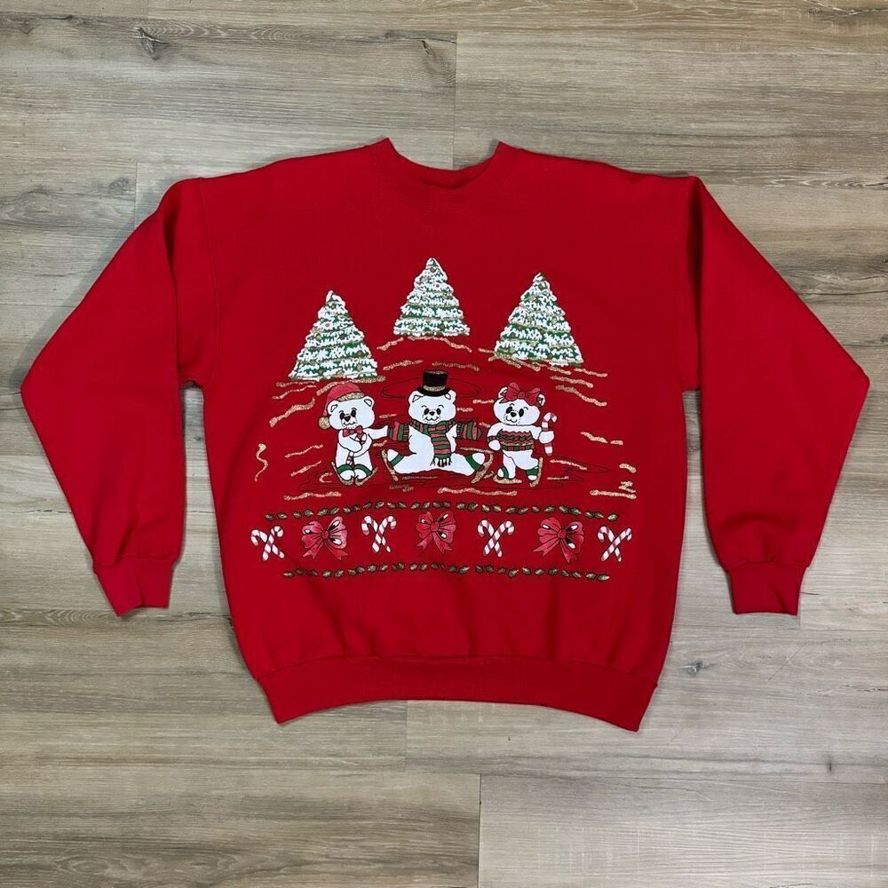 Vintage Hanes L Iceskating Christmas Bears Crewneck Sweatshirt Red Winter Retro